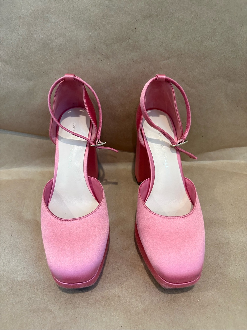 Loeffler Randall Selina Closed Toe Pink Satin Ankle-Strap Block Heels